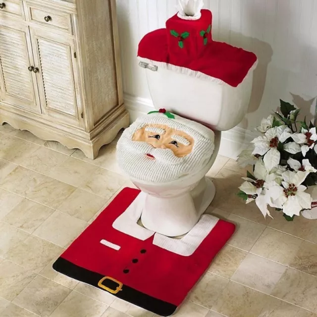 3PC Set Christmas Toilet Seat & Cover Santa Claus Bathroom Mat Xmas Cute Decor