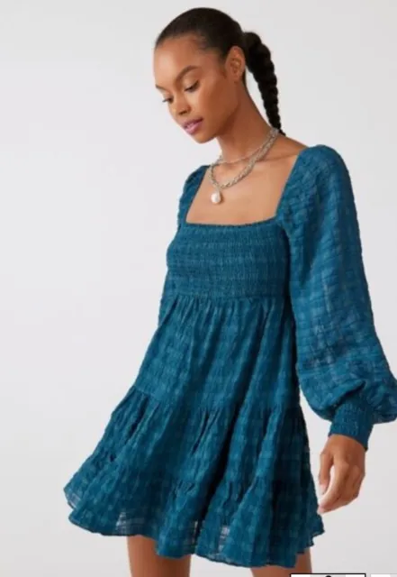 Urban Outfitters River Smocked Long Sleeve Plaid Mini Dress, Small Petite, Blue