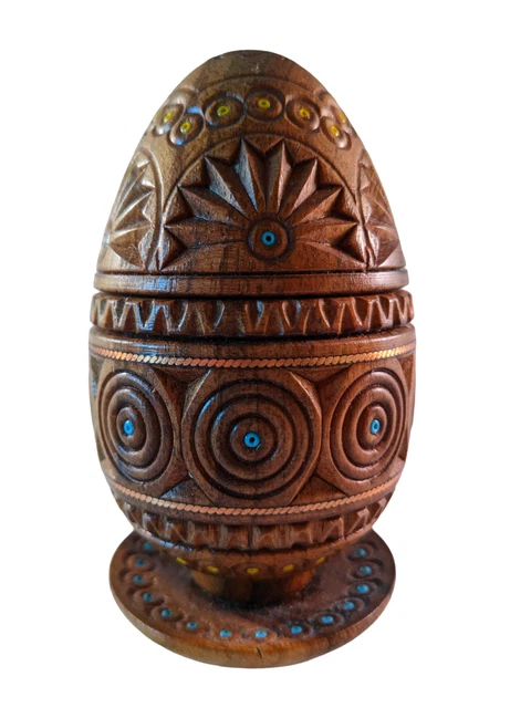 Antique Rare French Hand Carved Ornate Wooden Egg w/ Secret Compartment & Stand
