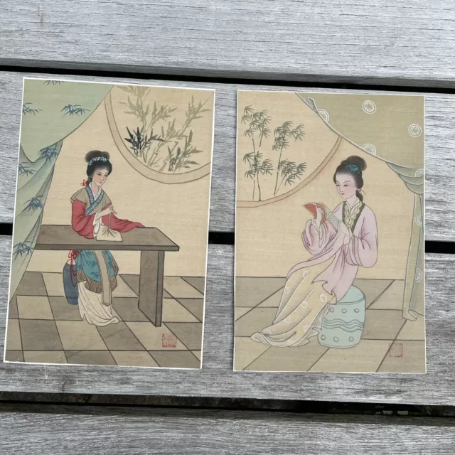 Japanese Painting on Silk Geisha Girl Lady Asian Old Culture Vintage Set of 2