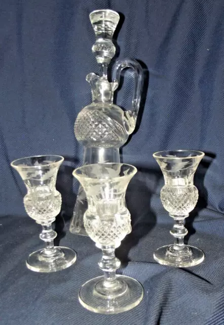 Edinburgh Crystal Thistle Cut Claret jug/decanter with stopper Noggin 3 glasses