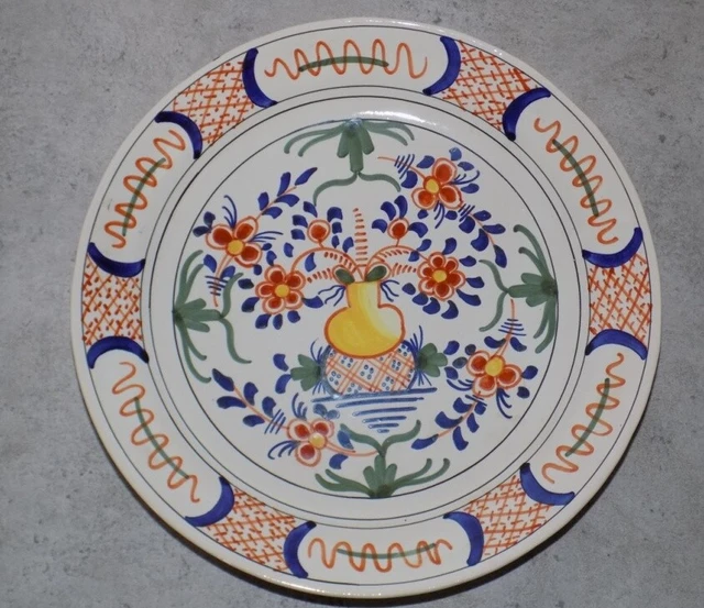 Ancienne Assiette Faience Signée Ak Décor Fait Main Style Rouen