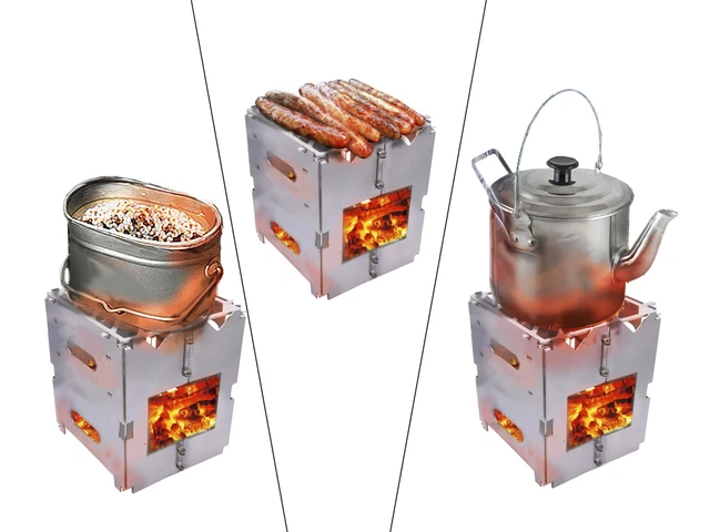 Outdoor Edelstahl Falt Grill Camping Klapp Hobo Kocher Holz Mini Ofen Herd BBQ