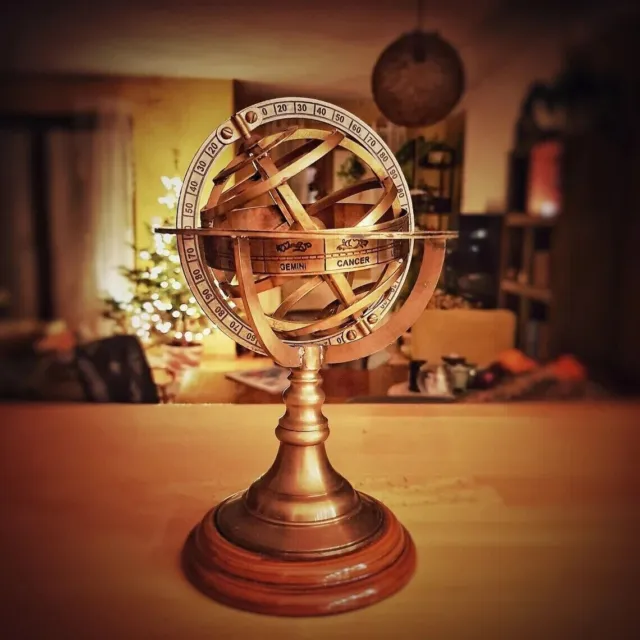 Brass Armillary Sphere with Wooden Base Celestial Sphere Globe Handmade Antiqued