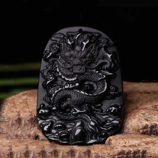 100% Natural Obsidian Dragon Lucky Amulet Pendant Clavicle Stainless Jewellery