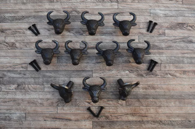 10Pc Vtg Cast Iron Cow Buffalo Face Shape Door Drawer Cabinet Pulls Knobs Handle