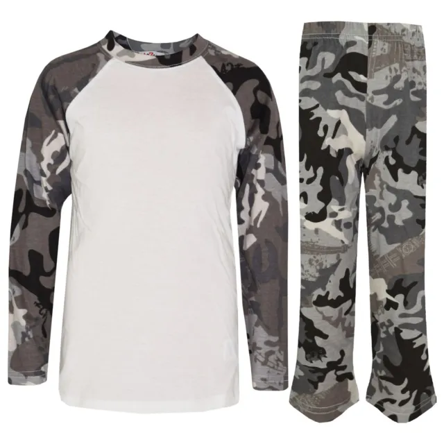 Kids Girls Boys Pyjamas Camouflage Charcoal Contrast Sleeves Nightwear PJS 2-13Y