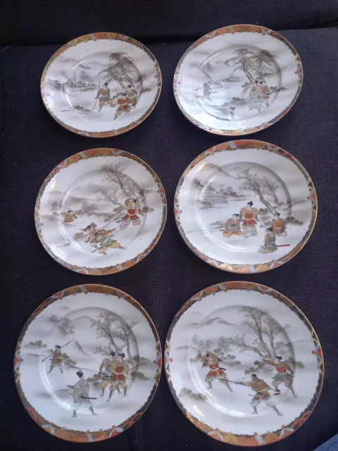 Meiji Period Kutani Eggshell Porcelain Hand Painted Plates X 6