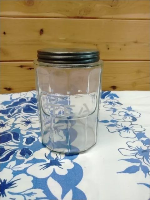 VTG Hoosier / Sellers 12 Paneled Glass  Etched Tea Jar Canister  W/ Lid 5"