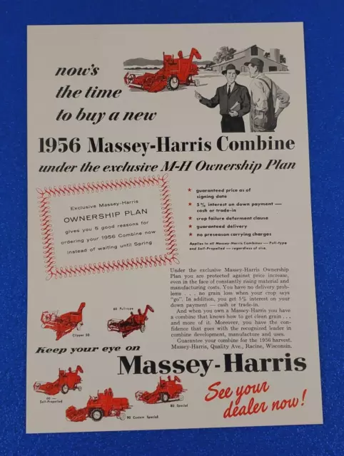 1956 Massey-Harris Combine Original Color Print Ad Free Shipping Americana