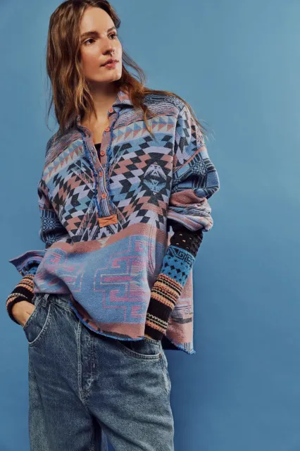 Free People Arizona Sky Henley Inspired Pullover Blue Coral - SMALL - NEW - £188