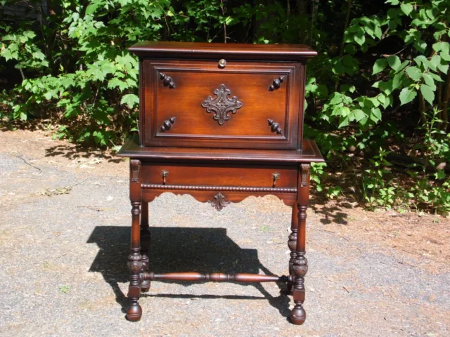 Antique 1920's Jacobean Style Drop Front Solid Mahogany Secretary Writing Desk