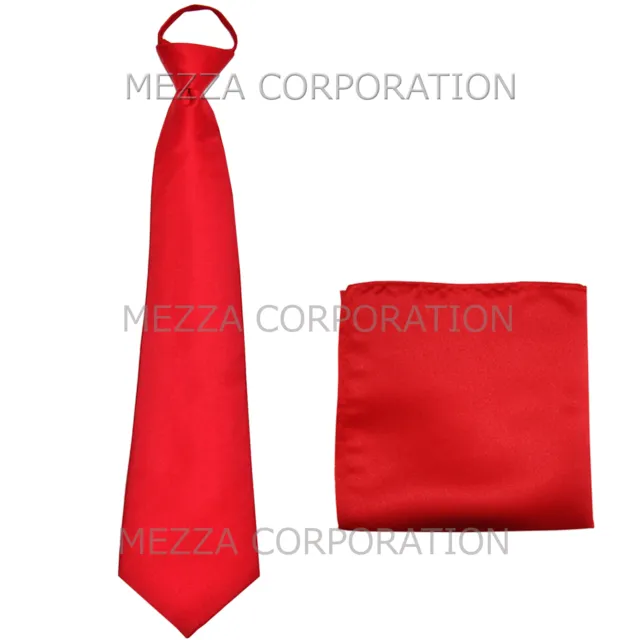New formal men's pre-tied ready knot necktie & hankie set polyester solid red