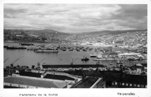 RPPC Panorama de la Bahia, Valparaiso, Chile c1940s Vintage Photo Postcard