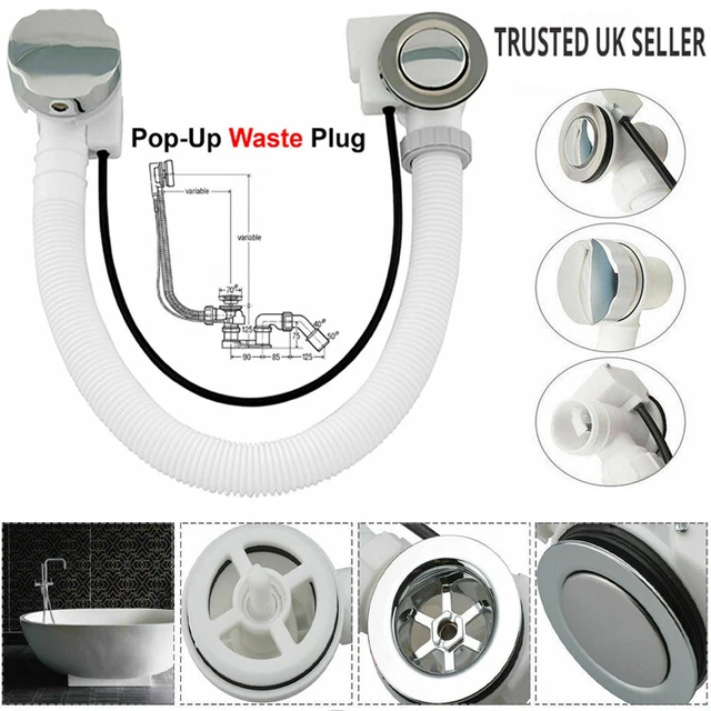 Ehlivhall Bathtub Overflow & Waste Kit – Concealed Chrome Pop-Up Drain With Flexible 55cm Plastic Pipe