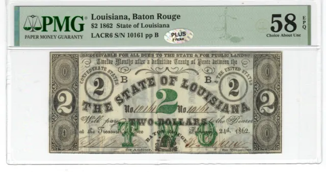 LA CR-6 1862 $2 Louisiana Paper Money - PMG Choice About Unc 58 EPQ - PLUS!
