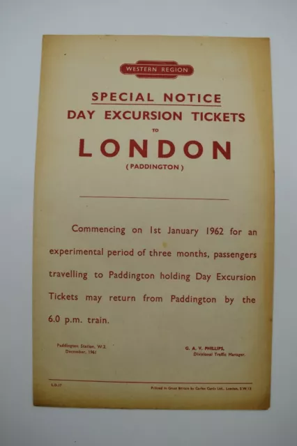 British Railways Handbill WR Special Notice Day Excursion Tickets to London 1961