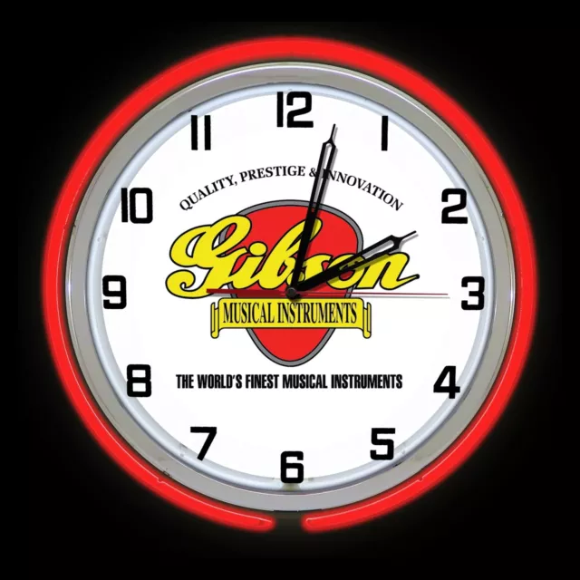 GIBSON Guitar 19" Red Double Neon Clock Musical Instruments Guitars Music Band
