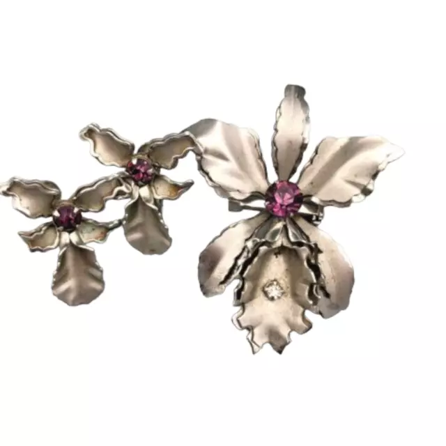 VINTAGE ORCHID PIN and Clip Earrings Set Silvertone With Purple ...