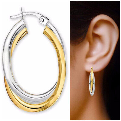 Fashion Women Two Tone 925 Silver Hoop Earring Girl Anniversary Jewelry Gift