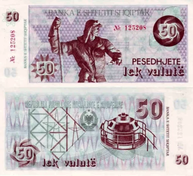 Albania 50 Lek Valute Paper Money Banknote of 1992. P#50a, with serial no. UNC