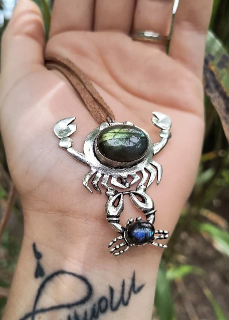 Stunning Labradorite Crab Pendant Reiki Healing protection Magic Mermaid Stone
