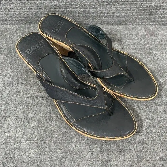 Born Wedge Sandals Womens Size 8 Black Leather Cork Heel Slip on Thong W31115