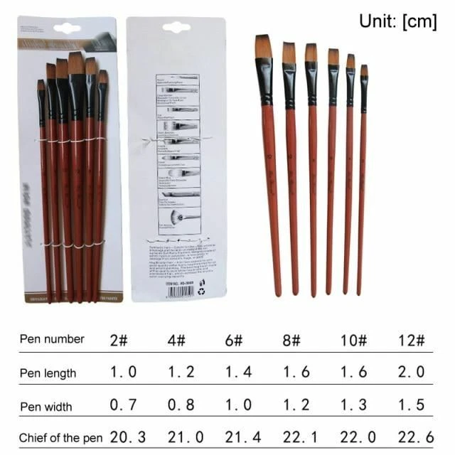 Set di Pennelli Artista Nylon Capelli Legno Nero Manico Acquerello Acrilico Olio 7