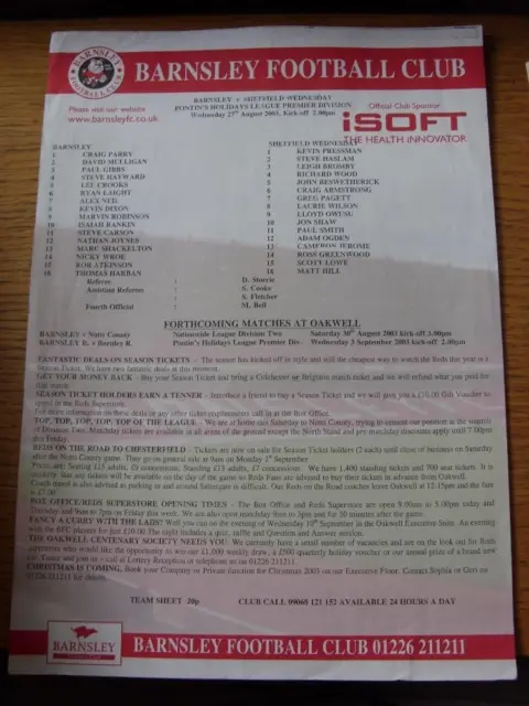 27/08/2003 Barnsley Reserves v Sheffield Wednesday Reserves  (Single Sheet)