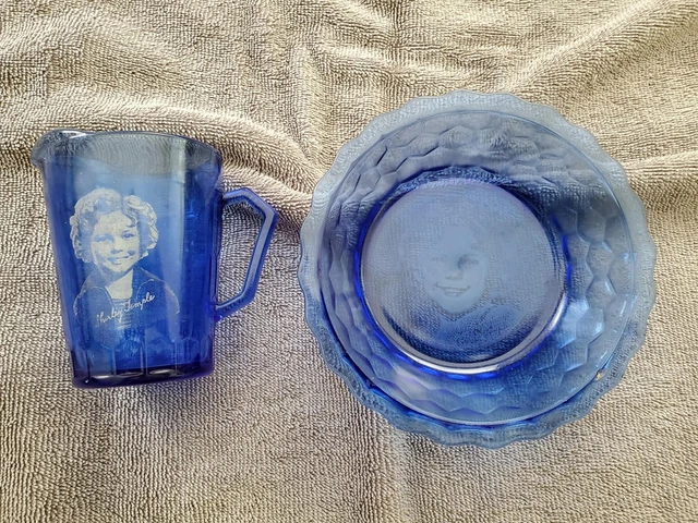 Shirley Temple 1930's Cobalt Blue Glass 4" Pitcher & 6" Cereal Bowl Set