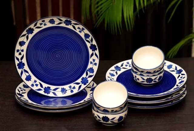 Handmade Ceramic Dinnerware: Blue Floral Design, 6 Pc Dinner Plates With 6 Bowls