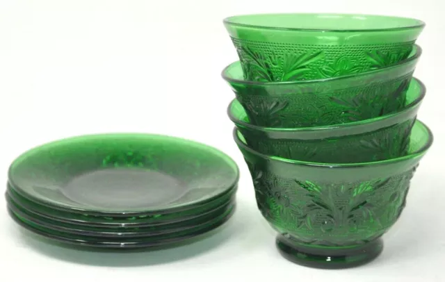 Set of 4 Antique Forest Green Depression Sandwich Glass Custard Cups & Liners