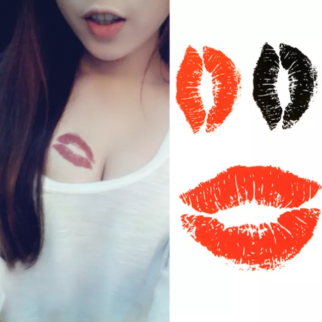 2 pegatinas sexys de labios tatuaje temporal brazo corporal negras extraíbles impermeables_ ZR