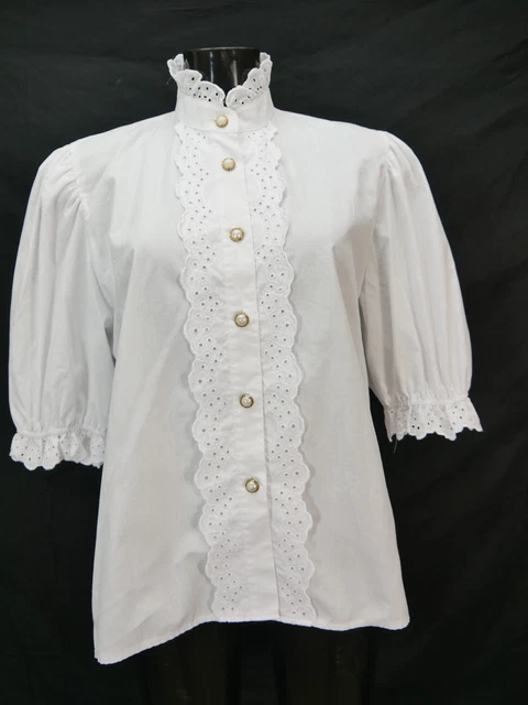 Camicia folcloristica taglia 48 bianca camicetta per dirndl cotone con pizzo TB8880