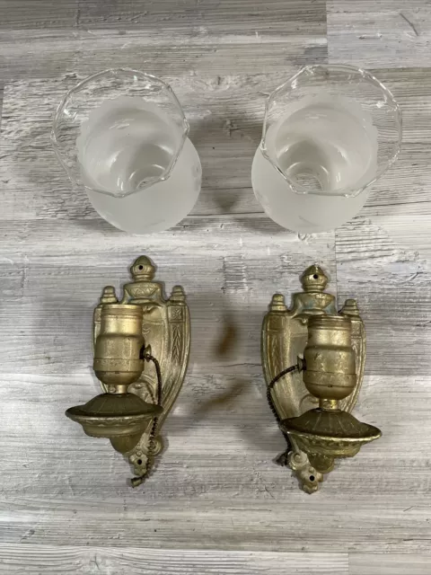 Pair (2) Empire Wall Sconces Cast Metal Art Deco Shield Electric Light Fixture