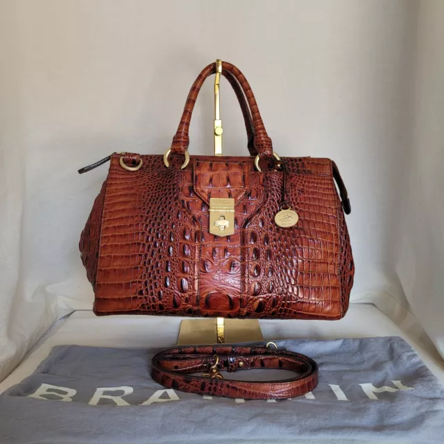 Brahmin Crossbody Leather Croc Embossed Brown Gold Satchel Handle Hobo Bag