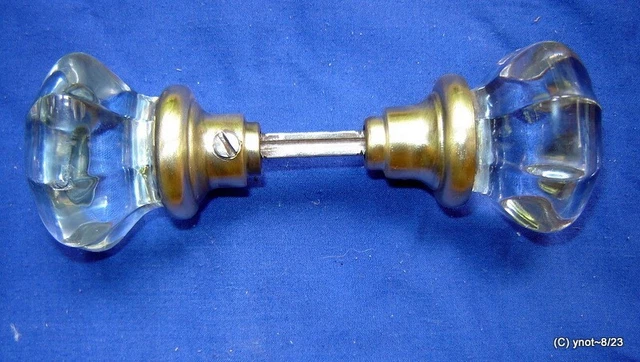 Antique Crystal-Glass Brass Shank Doorknob Pair w/spindle ~ 8 point