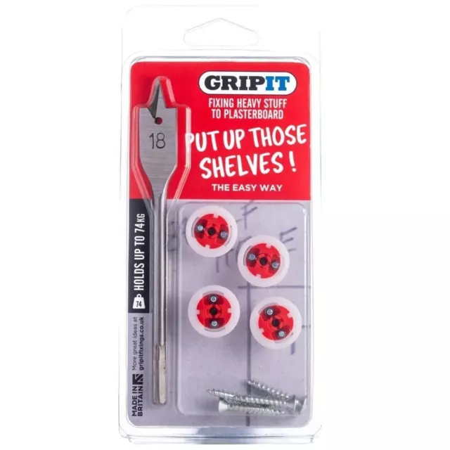 GRIPIT Grip it Red Shelf Hanging Fix Kit Plasterboard Hollow Wall 74kg Capacity