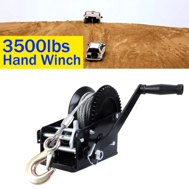Hand Winch 3500lbs Dual Gear Hand Crank Manual 33ft Cable Boat ATV RV Trailer