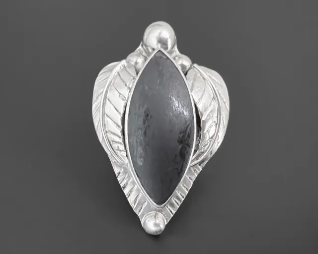 11g Huge Chunky Sterling Silver Black Onyx Feather Stamped Design Statement Ring