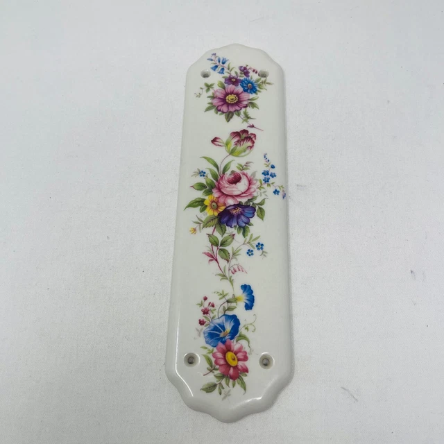 Vintage Ceramic Porcelain Push Finger Door Plate  Flowers Floral Pink Blue 1971