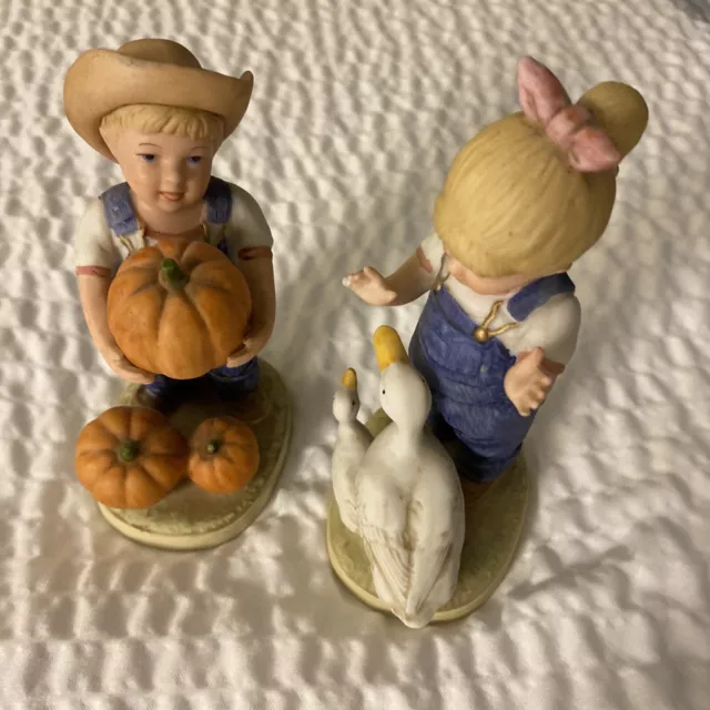 Denim Days, Girl With Geese & Boy With Pumpkins Figurines by Homco #1502 VTG