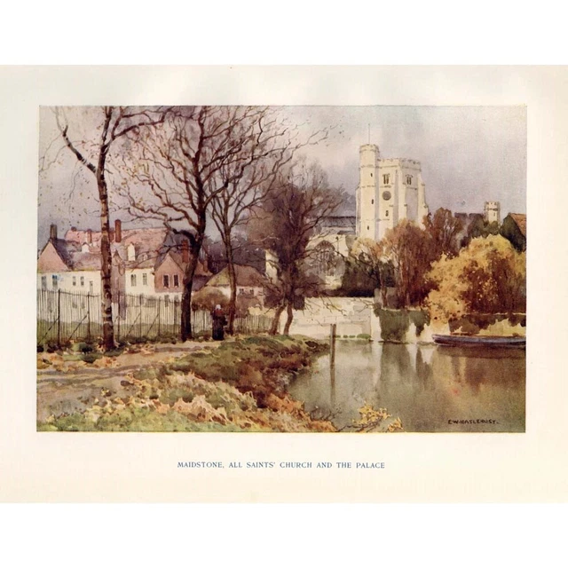 MAIDSTONE Kent All Saints Church & The Palace by Haslehust - Antique Print 1920