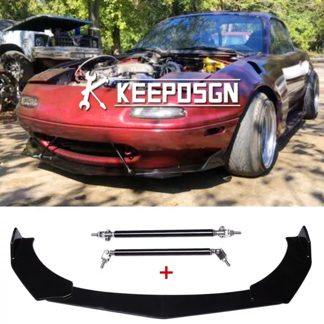 For Mazda MX-5 Miata NA Gloss Front Bumper Lip Splitter Spoiler + 2x Strut Rods