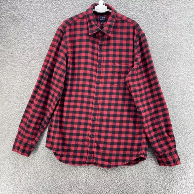 J Crew Flannel Shirt Men Large Red Black Buffalo Plaid Casual Comfort Holiday