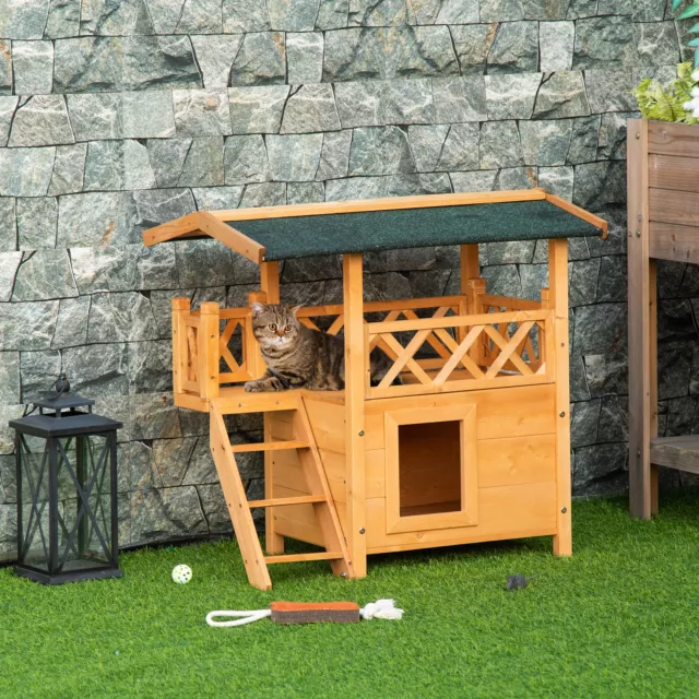 PawHut Cat House Puppy Pet Home Outdoor Garden Roof Shelter Wooden Waterproof 2