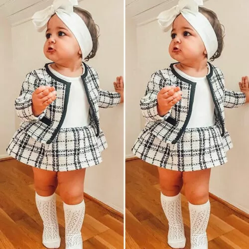 Kids Baby Girl Outfits Long Sleeve Plaid Clothes Coat Tops+Tutu Dress Outfits