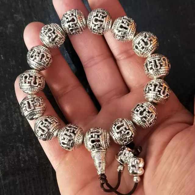 Chinese old Tibet Silver Hollow out carving Pattern bead bracelet LQ34