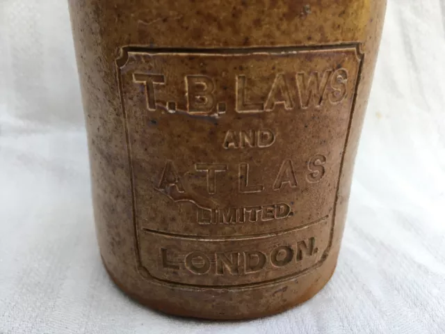T.B. Laws & Atlas London lemonade ginger beer stoneware bottle c1890-1920 Bourne