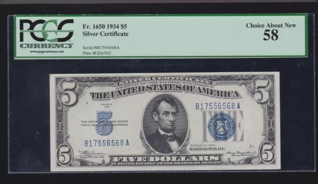 US 1934 $5 Silver Certificate BA Block FR 1650 PCGS 58 V Ch AU (568)
